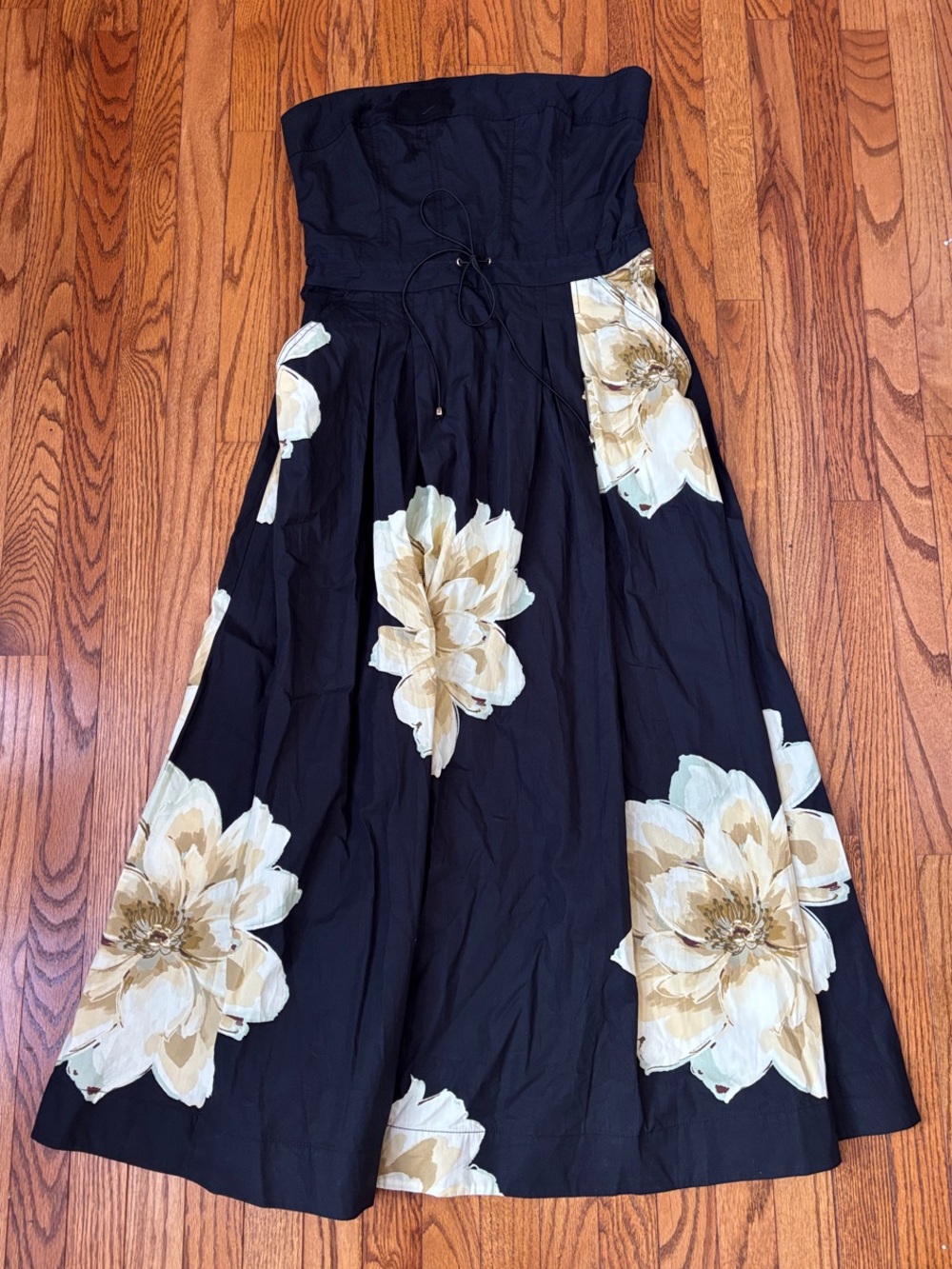 Strapless Black Maxi Dress with Yellow Floral Print Size XL
